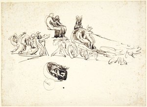 Undersøgelser af en stridsvogn med to figurer indeni og andre figurer bagved af George Romney