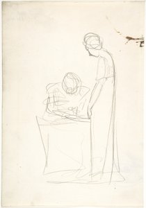 Studie af to figurer: den ene siddende, den anden stående (recto). Studie af et hoved, der ser opad (verso) af George Romney