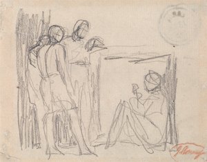 Tre stående figurer foran en siddende figur af George Romney