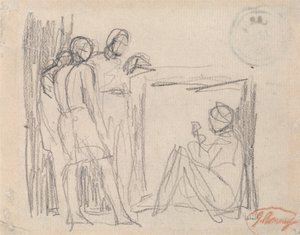 Tre stående figurer foran en siddende figur af George Romney
