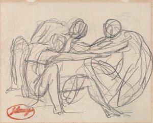 To knælende figurer kæmper med en siddende figur af George Romney