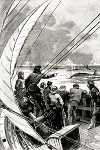 Til søs mod polen: besætningen på et skib (sejlbåd) ser en gruppe hvaler. Illustration af romanen af Jules Verne (1828-1905) "" The Ice Sphinx "" af George Roux