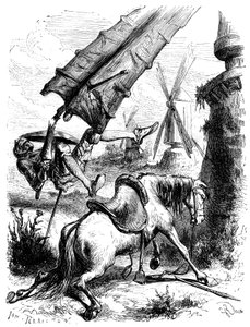 Kampen mod møllerne: Don Quijote og Rossinante bliver kastet til jorden af en møllevinge. af George Roux