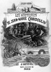 Frontispice af Jules Vernes roman "Les histoires de Jean-Marie Cabidoulin" (1901), Hetzel Collection/Extraordiaires, illustration af George Roux. "Fremkaldelse af maritime scener: harpunering af en hval, angreb på et skib af en søslange" af George Roux