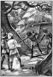 Illustration af George Roux til Jules Vernes bog The Aerien Village (1901), Hetzel edition/Extraordinary Voyages, Known and Unknown Worlds. To Wagdiss Sentinels truer opdagelsesrejsende med deres forgrenede våben af George Roux