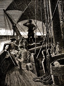 Jim Hawkins overhører en samtale, der afslører piraternes mytteri af George Roux