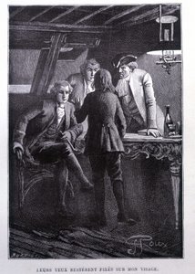 Historiescene på skibspladsen: unge Jim Hawkins foran Dr. Livesey og Chevalier Trelawney - i Stevensons "L