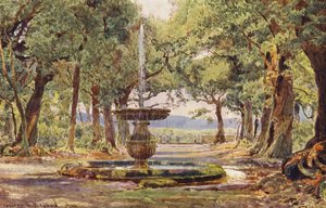Italienske haver: Fontæne i Bosco, Villa Conti (farvelitografi) af George Samuel Elgood