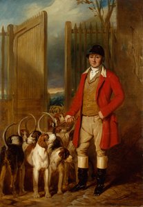 En kennel med jæger og hunde uden for en gård (olie på lærred) af George Sebright