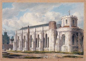 Udsigt over Temple Church fra den anden side af kirkegården, City of London, 1811 af George Shepherd
