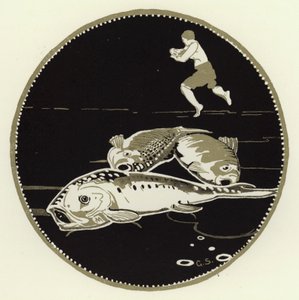 Han så fire store fisk ligge på isen (farve litho) af George Sheringham
