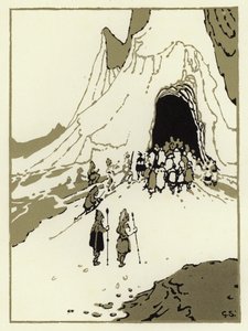 Folket tog ud for at finde kæmperne, snart kom de til deres hule (farve litho) af George Sheringham