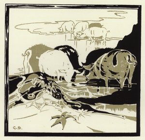 Grisene kom gryntende over sandet (farve litho)