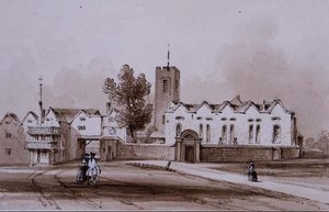 Highgate School and Chapel, ca. 1840 (vasketegning med sepia blæk) af George Sidney Shepherd