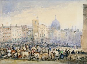 Udsigt over Smithfield Market med figurer og dyr, City of London, 1824.