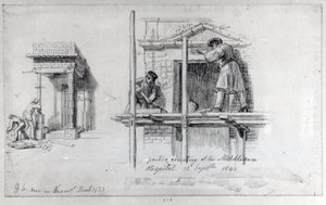 Opførelse af portikoer på Newham Street og Middlesex Hospital, London, 1833 og 1840 af George Snr Scharf