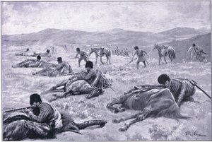 En kosak og hans hest: en anordning til at sikre dækning under en træfning, illustration fra Cassells History of the Russo-Japanese War Vol 1, ca. 1900 af George Soper