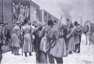 De russiske troppers afgang til Fjernøsten, illustration fra Cassells History of the Russo-Japanese War Vol 1, ca. 1900 af George Soper