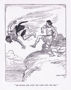 Han sparkede ham over klippen i havet, fra The Heroes udgivet af George Allen og Unwin 1929 (farve litho) af George Soper