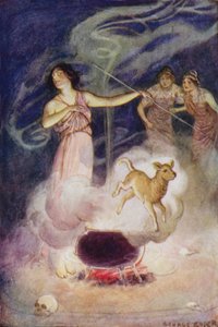 Jason og argonauterne: "Hun hviskede sine magiske besværgelser over ham, og han sprang ud igen et ungt lam" (farve litho) af George Soper