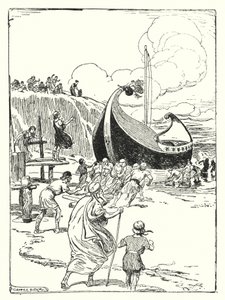 Jason og Argonauterne: "Det gode skib Argo sprang op af sandet på rullerne og styrtede frem som en galant hest" (litho) af George Soper