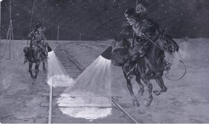 På en manchurisk jernbane: Natpatrulje, illustration fra Cassells History of the Russo-Japanese War Vol 1, ca. 1900 af George Soper