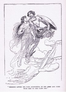 Perseus løftede sin smukke Andromeda i sine arme og flygtede med hende til klippetoppene, fra Heltene udgivet af George Allen og Unwin 1929 af George Soper