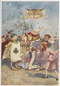 Cheshire-katten ser på Alice og spillekortbøddelen sammen med andre