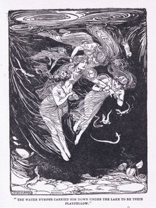 Vandnymferne bar ham ned ad søen til deres legekammerat, fra The Heroes udgivet af George Allen og Unwin 1929 (litho) af George Soper
