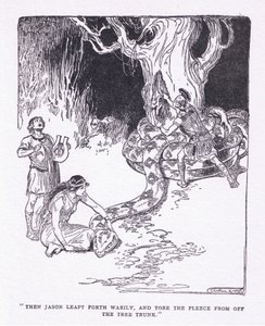 Så sprang Jason træt frem og rev fleece af træstammen, fra The Heroes udgivet af George Allen og Unwin 1929 (litho) af George Soper
