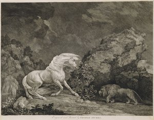 En hest forskrækket af en løve, indgraveret af kunstneren