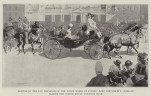 Ankomst af den nye guvernør i New South Wales til Sydney, Lord Beauchamps vogn passerer Custom House, Circular Quay af George Washington Lambert
