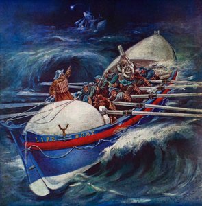 Redningsbåd forsøger at redde (farve litho)