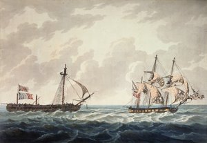 Hans Majestæts Sloop, Bonne Citoyenne, tager den franske fregat, La Furieuse, på slæb efter handlingen den 6. juli 1809, indgraveret af R und D Havell, udgivet af Robert Cribb i 1810