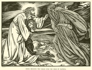 Moses bryder bordene over hovedet på trofaste (gravering)