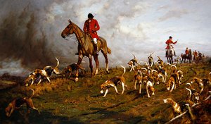 Jæger og hunde vil tegne (olie på lærred) af George Wright