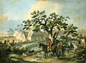 Agerhøneskydning, ætset af Thomas Rowlandson (1756-1827), pub. af J. Harris, 1789 (farvet radering) (se også 125724, 125726-27) af George after Morland