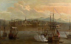 Et maleri af Fort St George i Madras, Indien. I 1731. Militærfort, og havn med skibe. Skibets kanon bliver affyret. Røg. Kamp. af George and Scott Samuel (1710 72) Lambert