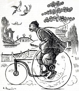 En tegneserie, der forestiller en kinesisk mand, der kører på en trehjulet cykel gennem en park i Kina. Illustreret George du Maurier (1834-1896), en fransk-britisk tegneserieskaber og forfatter