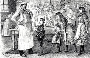 En tegneserie, der forestiller en kok, der tager imod ordrer fra husets børn. Illustreret af George du Maurier (1834-1896), en fransk-britisk tegneserieskaber og forfatter af George du Maurier