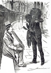 En tegneserie, der forestiller en skorstensfejer, der bærer sine børster gennem Londons gader. Illustreret af George du Maurier (1834-1896), en fransk-britisk tegneserieskaber og forfatter af George du Maurier