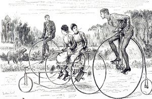 En tegneserie, der forestiller en gruppe unge mennesker, der kører på trehjulede cykel. Illustreret George du Maurier (1834-1896), en fransk-britisk tegneserieskaber og forfatter af George du Maurier