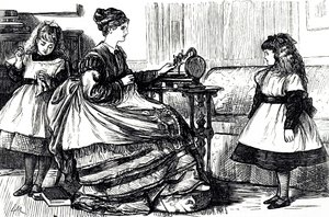 En tegneserie, der forestiller en ung mor, der bruger en symaskine. Illustreret af George du Maurier (1834-1896), en fransk-britisk tegneserieskaber og forfatter