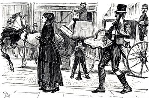 En tegneserie, der skildrer kooperative butikkers tidlige dage. Illustreret af George du Maurier (1834-1896), en fransk-britisk tegneserieskaber og forfatter af George du Maurier