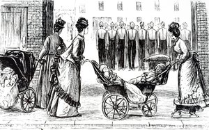 En gravering, der forestiller børnepiger, der kører rundt med børn i perambulationer. Illustreret af George du Maurier (1834-1896), en fransk-britisk tegneserieskaber og forfatter af George du Maurier