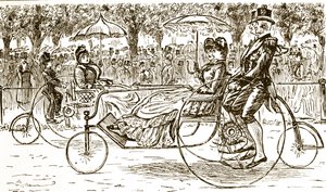 En gravering, der forestiller passagerer, der kører i cykelvogne. Illustreret af George du Maurier (1834-1896), en fransk-britisk tegneserieskaber og forfatter af George du Maurier