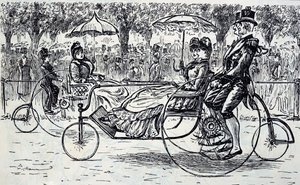 En gravering, der forestiller passagerer, der kører i cykelvogne. Illustreret af George du Maurier (1834-1896), en fransk-britisk tegneserieskaber og forfatter af George du Maurier