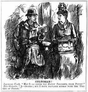 Fordele ved universitetsuddannelse for kvinder. George du Maurier tegneserie fra Punch London 8. december 1887. Ung mand i jernbanevogn tilbyder kandidat fra Girton, Cambridge, lidt let læsning til rejsen. Hun afslår yndefuldt, da hun har udstyret hende af George du Maurier