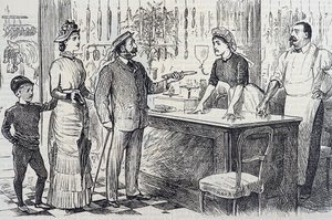 Tegneserie, der kommenterer den gennemsnitlige englænders rystende forståelse af det metriske system af George du Maurier