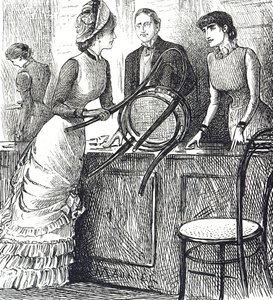 Tegneserie, der kommenterer butiksassistenters arbejdsforhold af George du Maurier